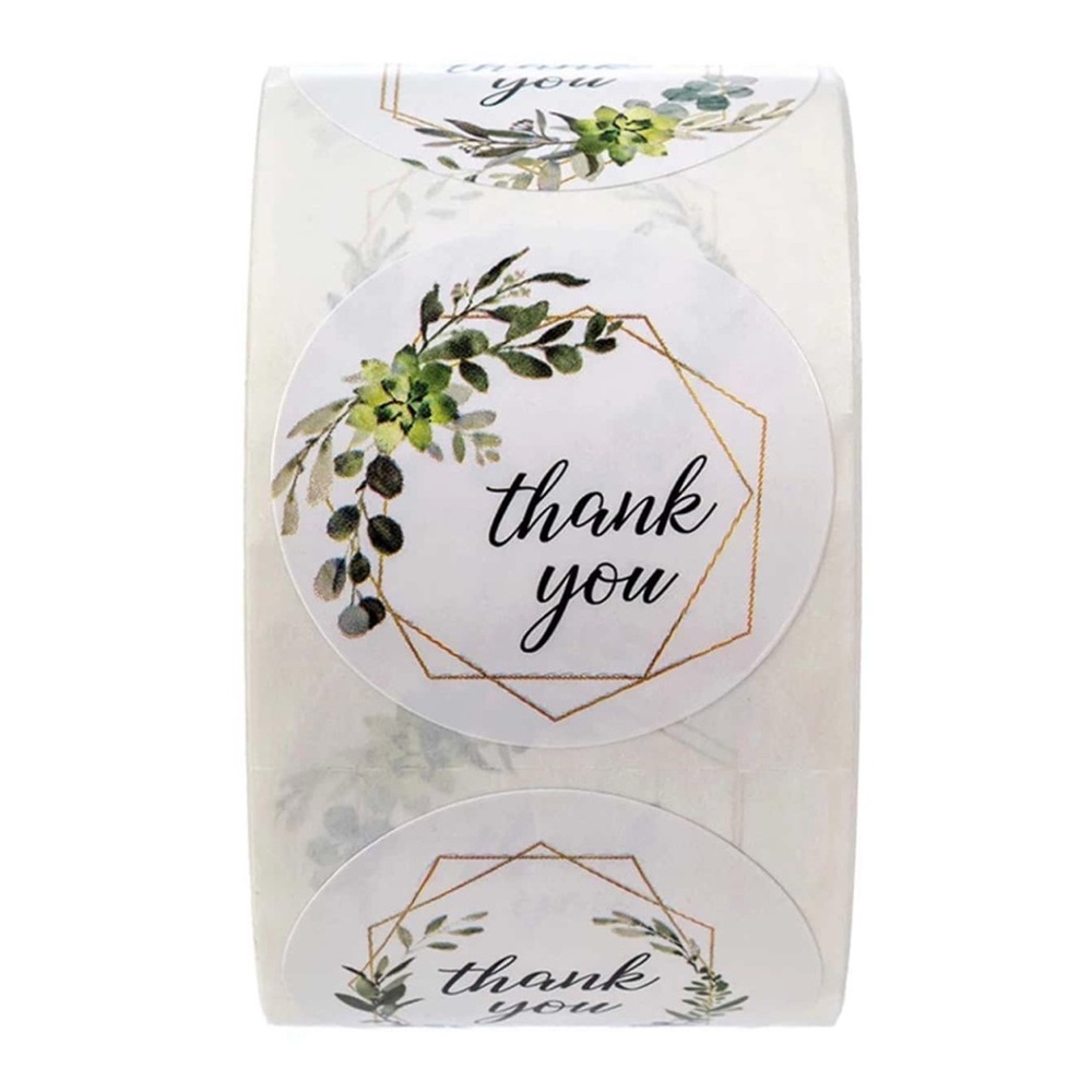 500 Thank You Green Leaf Gold Border 1” Stickers - 1 Roll